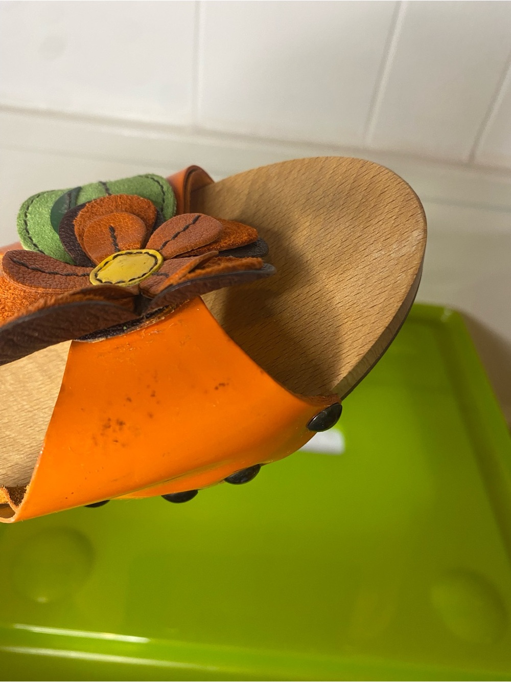 Miu Miu Orange Floral Appliqué Leather wooden kitten heel sandals - Picture 5 of 9